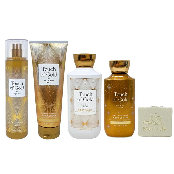 Bath & Body Works Touch Of Gold Deluxe Gift Set - Fragrance Mist, Body Cream, Body Wash and Body Lotion - with a Natural Oats Bar Soap - Full Size