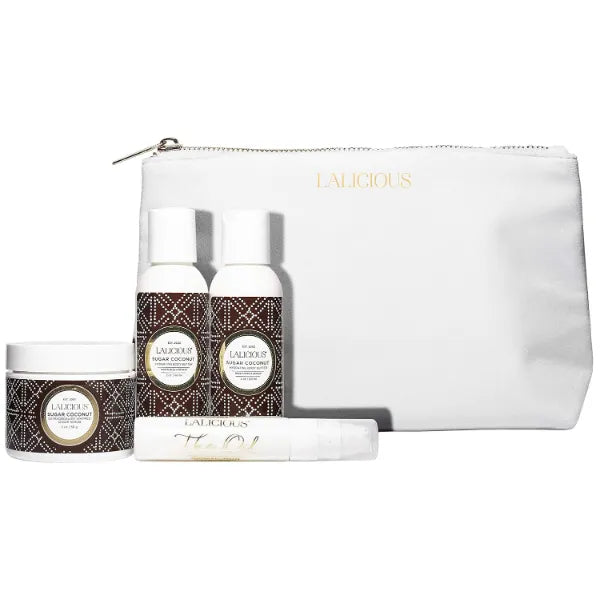 LaLicious Sugar Coconut Travel Set - Whipped Sugar Scrub, Shower Gel/Bubble Bath, Body Butter & Body Oil in a Luxe Velour Makeup Bag - 4 Piece Kit