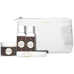 LaLicious Sugar Coconut Travel Set - Whipped Sugar Scrub, Shower Gel/Bubble Bath, Body Butter & Body Oil in a Luxe Velour Makeup Bag - 4 Piece Kit