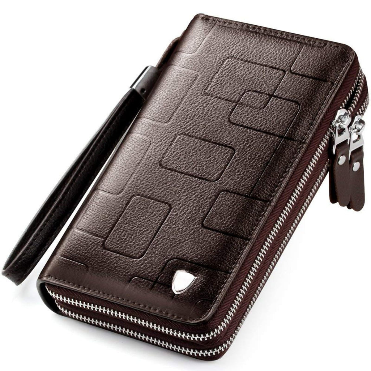 Mens Clutch Bag Handbag Genuine Leather Purse Zipper Long Wallet Business Large Hand Clutch Phone Holder - Stripe Brown Double Zipper