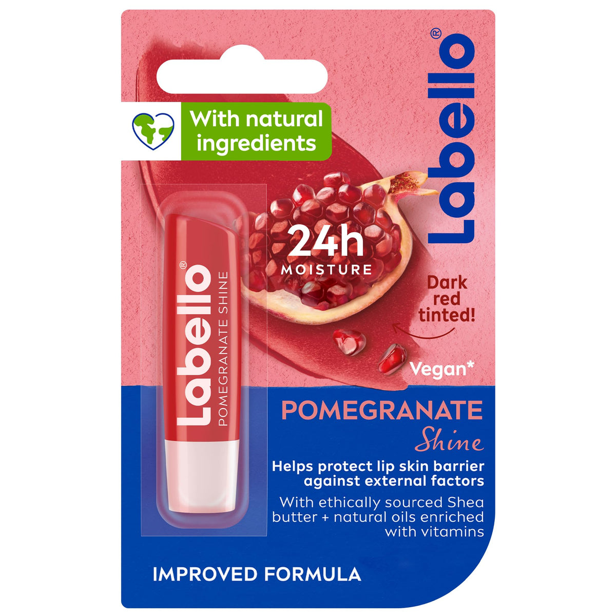 Labello Pomegranate Shine Lip Balm, 24H Melt-In Moisture, with Shea Butter and Natural Oils Enriched with Vitamins, with Natural Ingredients, Mineral Oil Free, Vegan, 4.8g