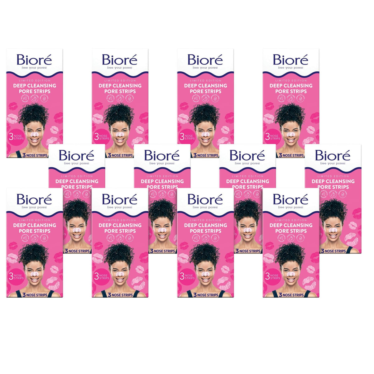 Biore Kiss Designer Pore Strips, Nose Strips for Blackhead Removal, with Instant Pore Unclogging, 3 Count (Pack of 12)