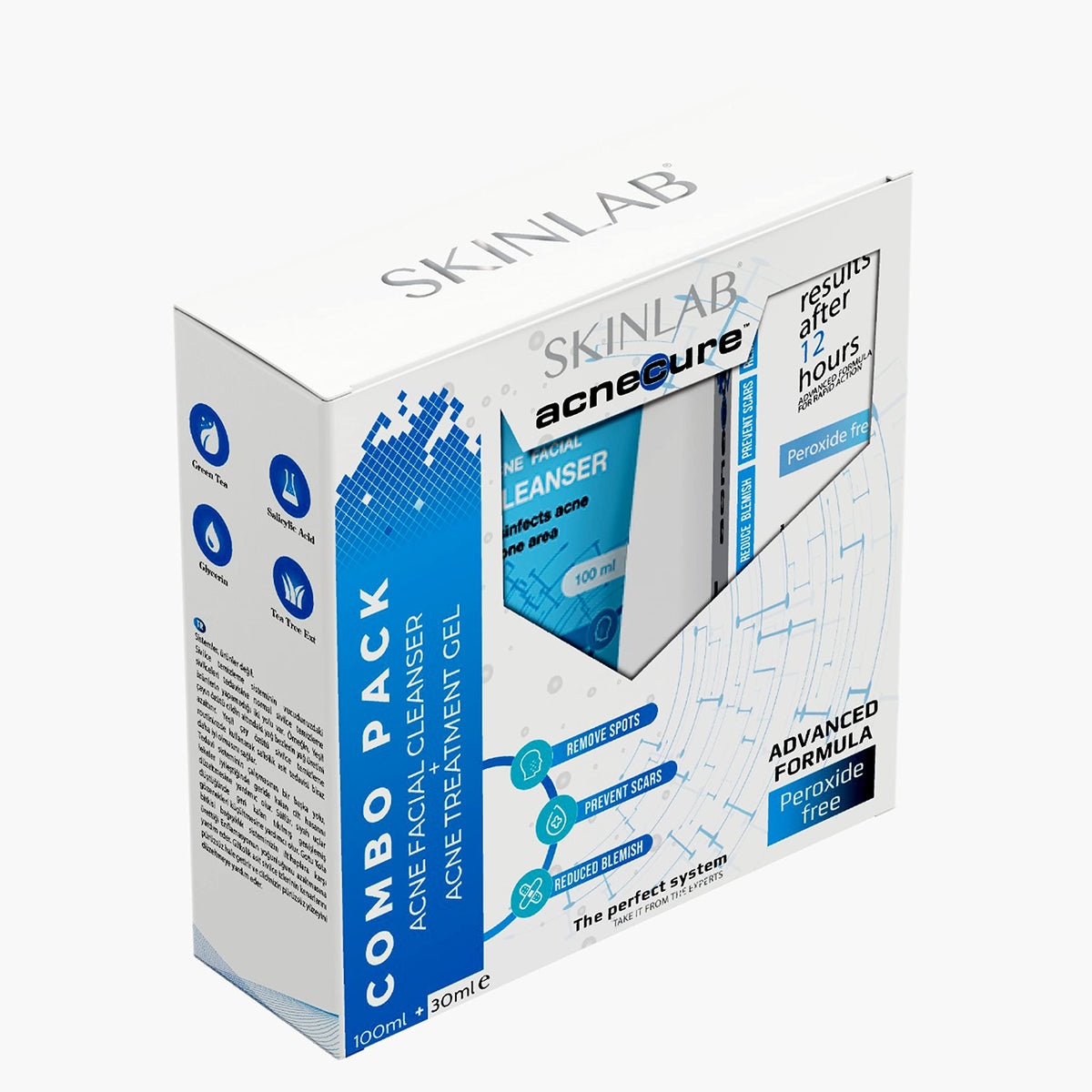SKINLAB COMBO PACK Acne Facial Cleanser + Acne Treatment Gel Advanced Formula Peroxide Free, Remove Spots, Prevent Scars, Reduced Blemish, 100ml & 30ml
