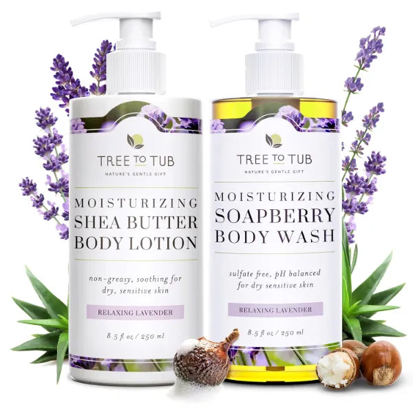 Tree To Tub Lavender Shea Butter Body Lotion for Dry Skin & Lavender Body Wash for Sensitive Skin and Dry Skin - Moisturizing Sensitive Skin Lotion & pH Balanced Moisturizing Body Wash for Women & Men - 250ml Each