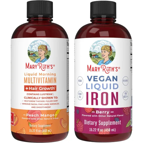 MARYRUTH'S MaryRuth's Liquid Morning Multivitamin +Hair Growth (Peach Mango, 15.22oz) & Iron Liquid (Berry) | Clean Label Project Verified® | Beauty, Immunity, & Overall Health | Vegan, Non-GMO