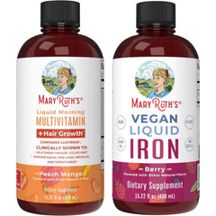 MARYRUTH'S MaryRuth's Liquid Morning Multivitamin +Hair Growth (Peach Mango, 15.22oz) & Iron Liquid (Berry) | Clean Label Project Verified® | Beauty, Immunity, & Overall Health | Vegan, Non-GMO
