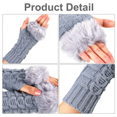 NALACAL 3 Pairs Mid-Length Fingerless Gloves with Faux Fur & Crochet - Warm Winter Arm Warmers with Thumb Holes