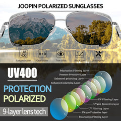 Joopin Rectangular Sunglasses for Men Women Polarized UV Protection Classic Aviation Military Style Big Metal Frame Driving Fishing Black Glass
