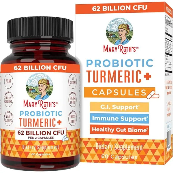 MARYRUTH'S Probiotic Turmeric Curcumin + Extra GI Support, Vegan, 60 Count | 62 Billion CFU, Organic Ingredients Turmeric Complex with Probiotics, Turmeric Curcumin Capsules for Digestion, Vegan