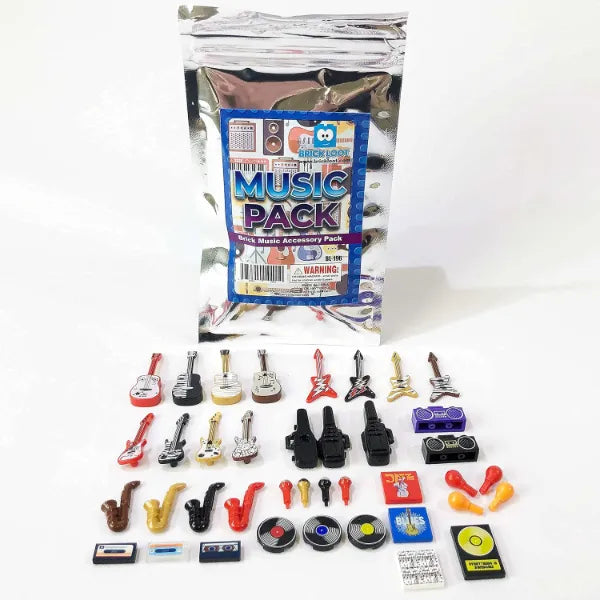 Brick Loot Music Instrument Building Pack – 38 Toy Accessories for Minifigures – Fits Lego, Compatible with Other Brands – Includes Acoustic Guitars, Electric Guitars, Microphones.