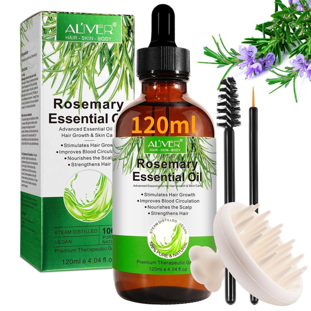 ALIVER Rosemary Oil for Hair Growth (120 ml) With Silicone Scalp Massager, Organic Essential Oil, 100% Pure Natural, Nourishes The Scalp, Stimulates Hair Growth