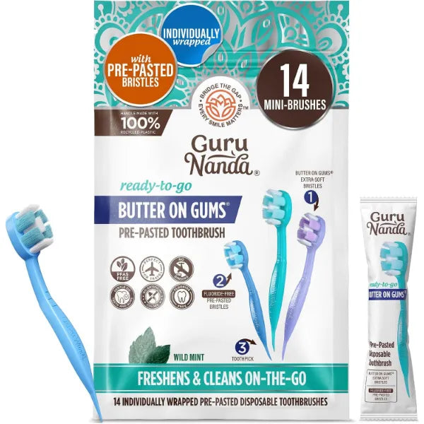 GuruNanda Disposable Travel Toothbrushes with Toothpaste & Toothpick, Prepasted Ready-to-Use Mini Toothbrushes, Fluoride-Free, No Rinse, Soft Bristles, Individually Wrapped, 14 Ct