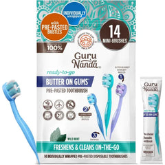 GuruNanda Disposable Travel Toothbrushes with Toothpaste & Toothpick, Prepasted Ready-to-Use Mini Toothbrushes, Fluoride-Free, No Rinse, Soft Bristles, Individually Wrapped, 14 Ct