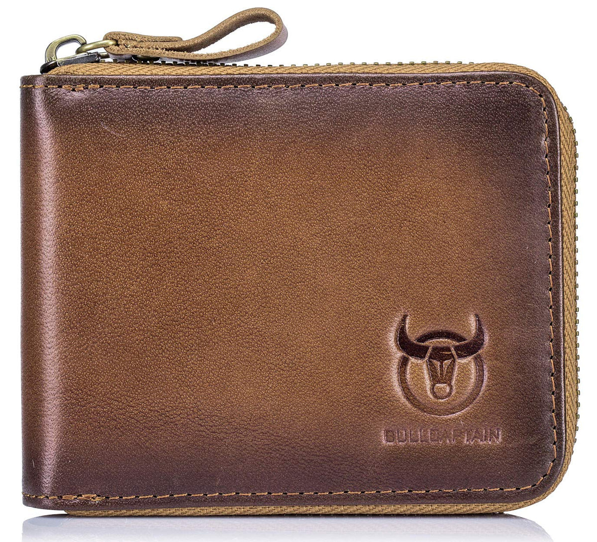 BULLCAPTAIN Mens Genuine Leather Zipper Wallet RFID Blocking Bifold Secure Zip Around Wallets Multi Credit Card Holder Purse, Handmad Brown, S, Rfid Wallet