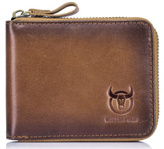 BULLCAPTAIN Mens Genuine Leather Zipper Wallet RFID Blocking Bifold Secure Zip Around Wallets Multi Credit Card Holder Purse, Handmad Brown, S, Rfid Wallet