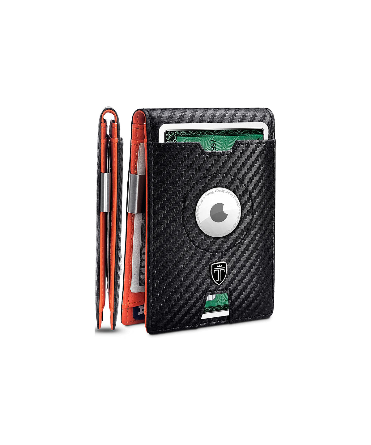 TRAVANDO AirTag* Wallet Mens Wallet with Money Clip Air Tag Wallet Card Holder RFID Blocking Bifold Gifts for Men, Carbon & Orange