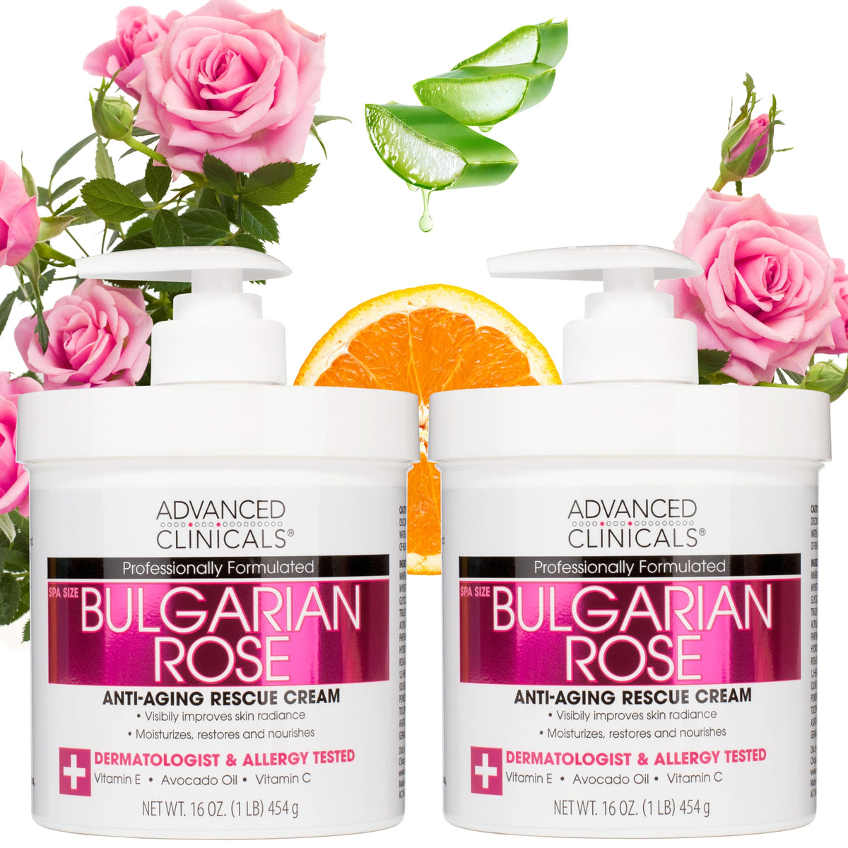 Advanced Clinicals Bulgarian Rose Oil Anti-Aging Cream for Face, Hands, and Neck, 16 oz (2 - 16 oz), Multicolor