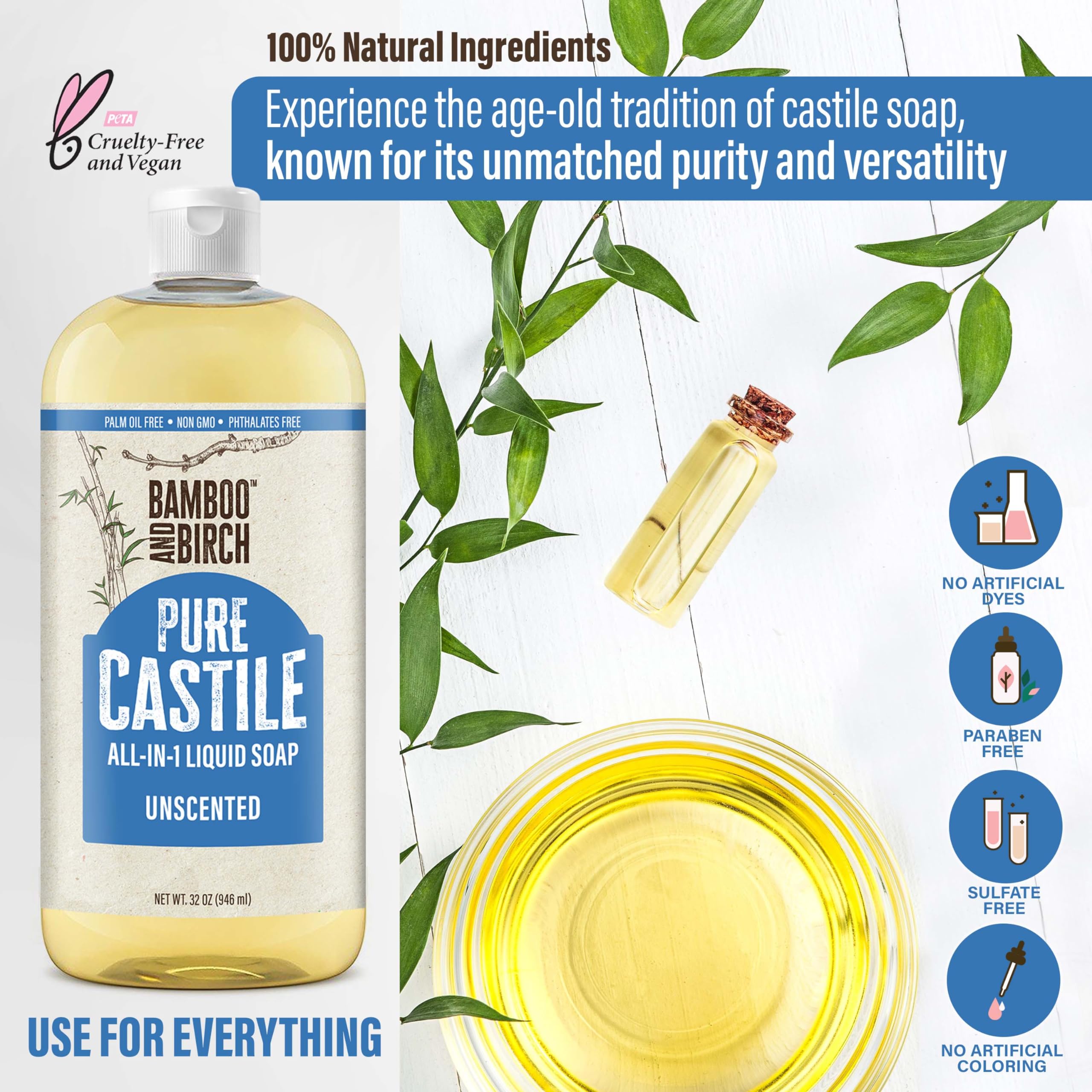 Pure Castile Soap Liquid Organic, Certified Palm Oil Free Natural Soap, Unscented, 32 oz
