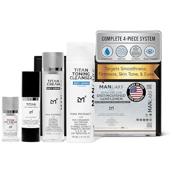 Man Labs Titan Sports Anti Aging Mens Skin Care Kit Cleanser, Face Serum, Eye Cream, Face Moisturizer Men, Skin Care Set Dark Circles, Wrinkles, Fine Lines Vitamin C, Niacinamide, HA Unscented