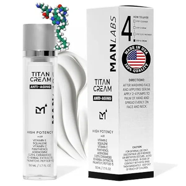 Man Labs Titan Anti Aging Mens Face Cream Mens Face Moisturizer For Men, Face Lotion Men, Skin Care Tighten, Tone, Revitalize Ceramides, Vitamin C & E, Squalane All Skin Types Unscented