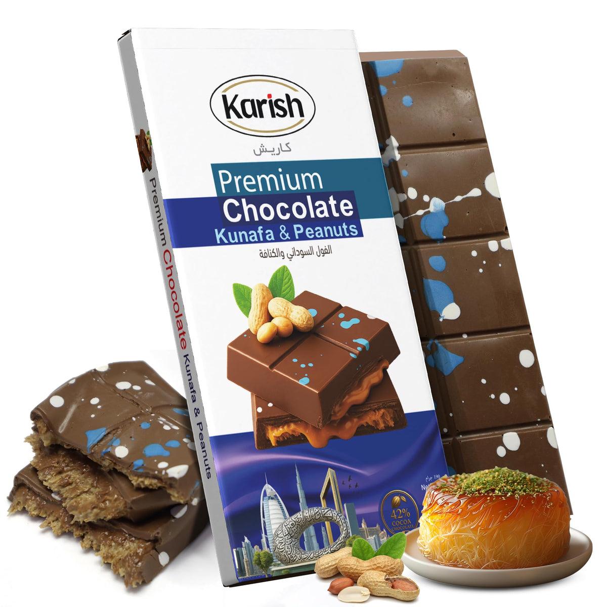 Karish Viral Dubai Chocolate Kunafa with Creamy Peanut Filling 190g- Rich Cocoa & Nutty Gourmet Treat - Arabic Dessert - Peanut