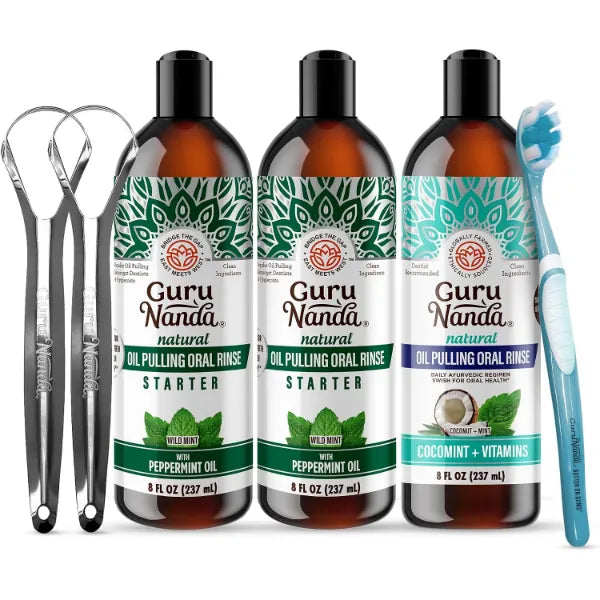 GuruNanda Ultimate Natural Teeth Brightening Bundle - Coconut & Peppermint Oil Pulling (2 Pack) & CocoMint Oil Pulling for a Naturally Bright Smile & Happy Gums