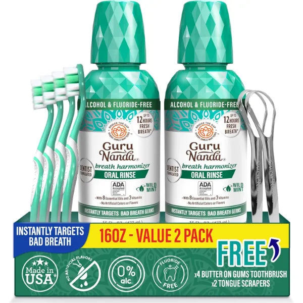 GuruNanda Fresh Breath Mouthwash – 12-Hour Fresh Breath & Helps Fight Bad Breath – ADA Accepted, Alcohol & Fluoride-Free Oral Rinse, Wild Mint - 16 oz, Pack of 2
