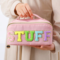Aquafalcon Makeup Bag, Large Capacity Travel Cosmetic Bag, Chenille Letter Open Flat PU Stuff Makeup Bag, Portable Travel Makeup Bag With Handle and Divider Flat Lay Makeup Organizer Bag, Pink