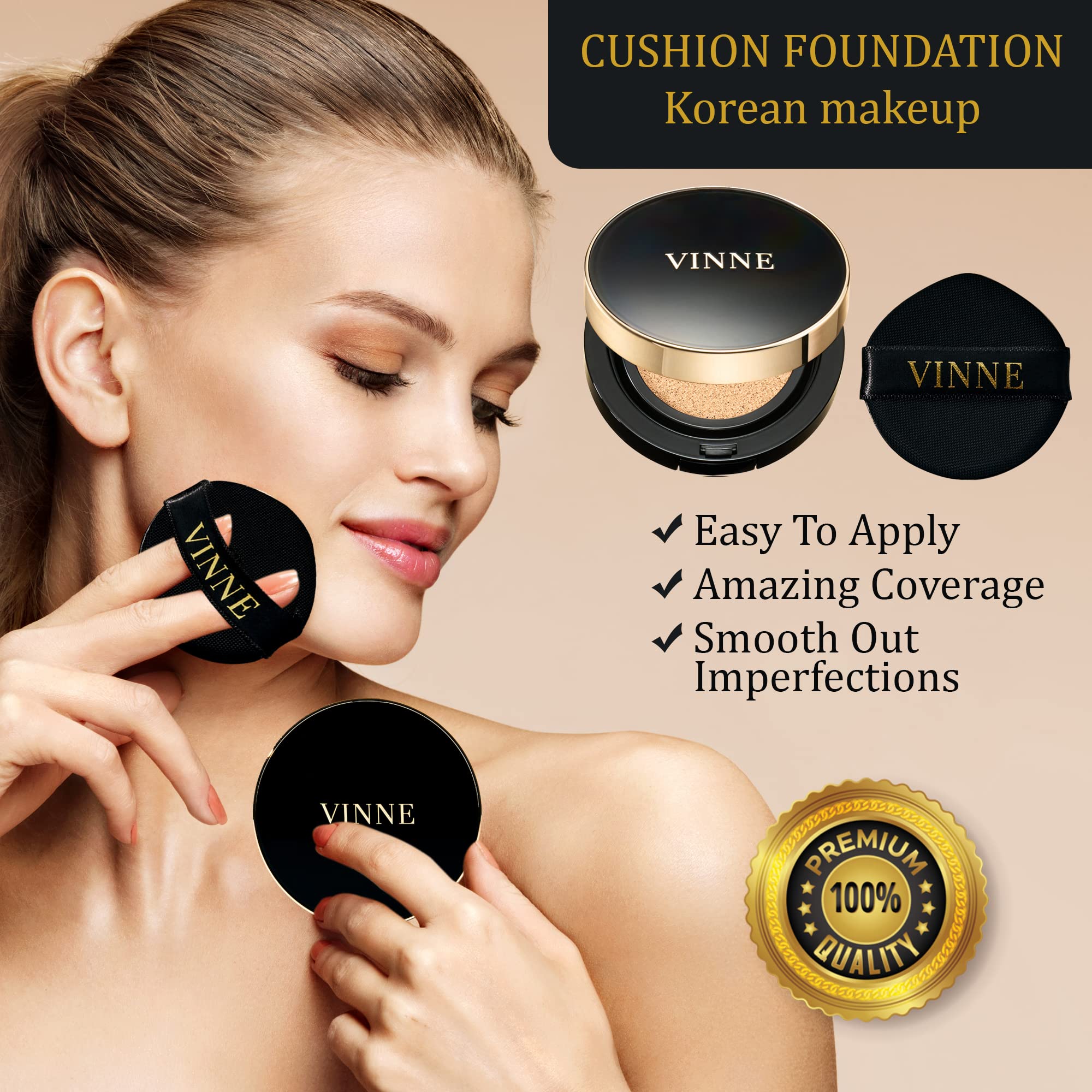 VINNE Korean Cushion Foundation, Lightweight, Essence Makeup Natural and Dewy Finish, 12-Hour Lasting Effect, 0.42 Oz- #21 Light Beige (Refill Not Included)