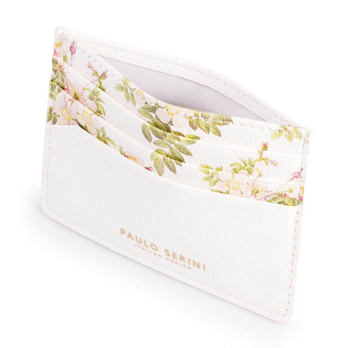 PAULO SERINI® Unisex Card Holder with 6 Card Slots and Compartment for Banknotes and Coins Elegant Credit Card Holder Made of Soft Vegan Leather - Cloud white with flower print