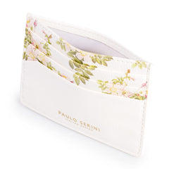 PAULO SERINI® Unisex Card Holder with 6 Card Slots and Compartment for Banknotes and Coins Elegant Credit Card Holder Made of Soft Vegan Leather - Cloud white with flower print