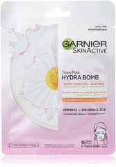 Garnier Tissue Mask for Face, Super Hydrating and Soothing, With Camomile & Hyaluronic Acid, For Dry And Sensitive Skin, SkinActive Hydra Bomb, 28g
