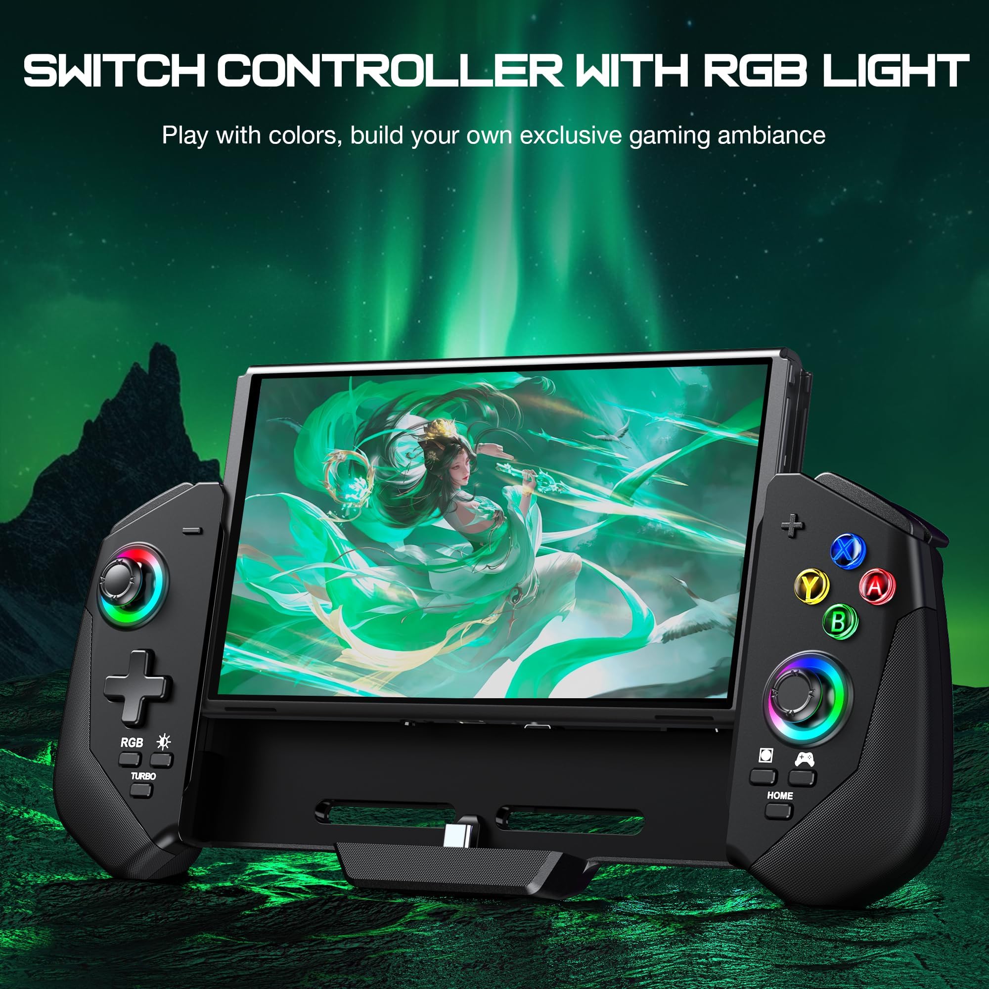 KASTWAVE Hall Joystick Switch Controllers with RGB Light & Turbo - Pro Remote for Nintendo Switch/OLED, Wired Joypad with Dual Motor & 4 Game Slots