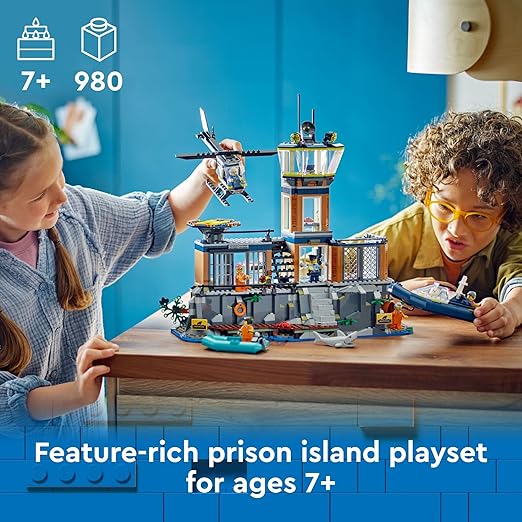 LEGO City Police Prison Island Toy Building Set, Birthday Gift for Boys and Girls Ages 7 Plus, Imaginative Play, Helicopter Toy, Boat Toy and Dinghy, 7 Minifigures with Dog and Shark Toy, 60419