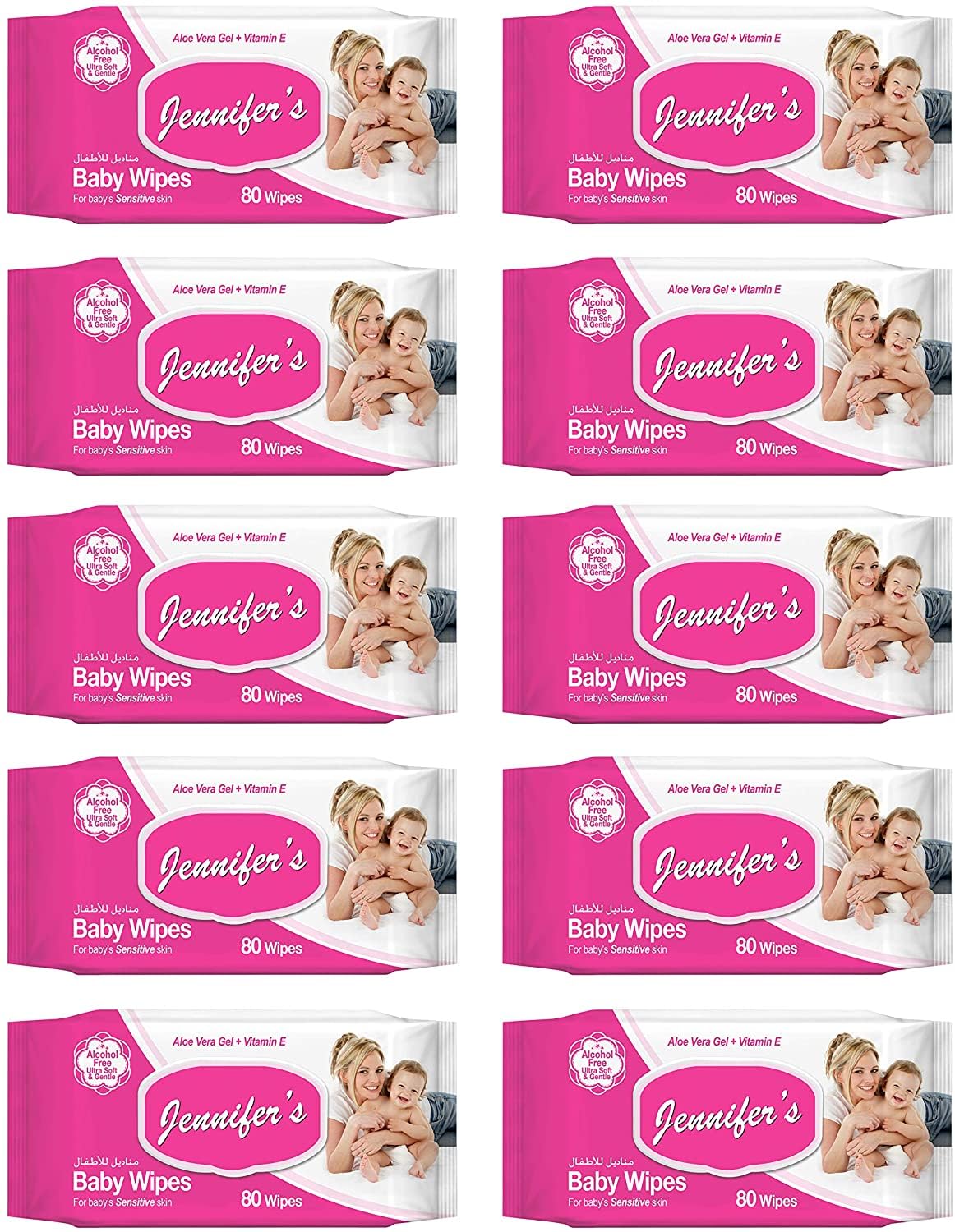 Jennifer's Baby Wipes 80's (Pack of 10) -Ultra Soft, Alcohol-Free, Extra Gentle, Aloe Vera Gel, Vitamin E, and Safe for Delicate Skin 800 Wipes