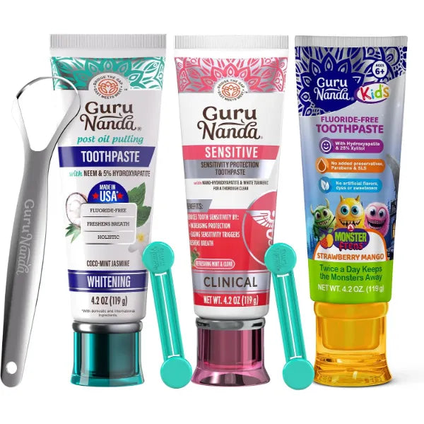 GuruNanda Family Toothpaste Bundle – Whitening, Sensitive & Kids Toothpastes with Hydroxyapatite, Xylitol for Fresh Breath, Brighter & Smiles at Every Age, 4.2 oz Each