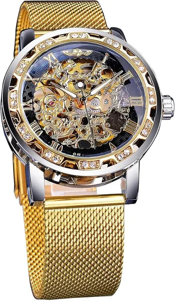 KASTWAVE Men's Vintage Mechanical Skeleton Watch with Diamond and Floral Carvings, Automatic Self-Wind, Classic Roman Numerals Design