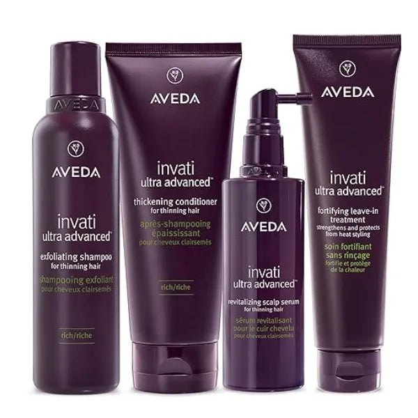 Aveda Invati Ultra Advanced Rich 4 Step System Exfoliating Shampoo, Thickening Conditioner, Revitalizing Scalp Serum, Fortifying Leave In Treatment Reduces Hair Loss by 77%