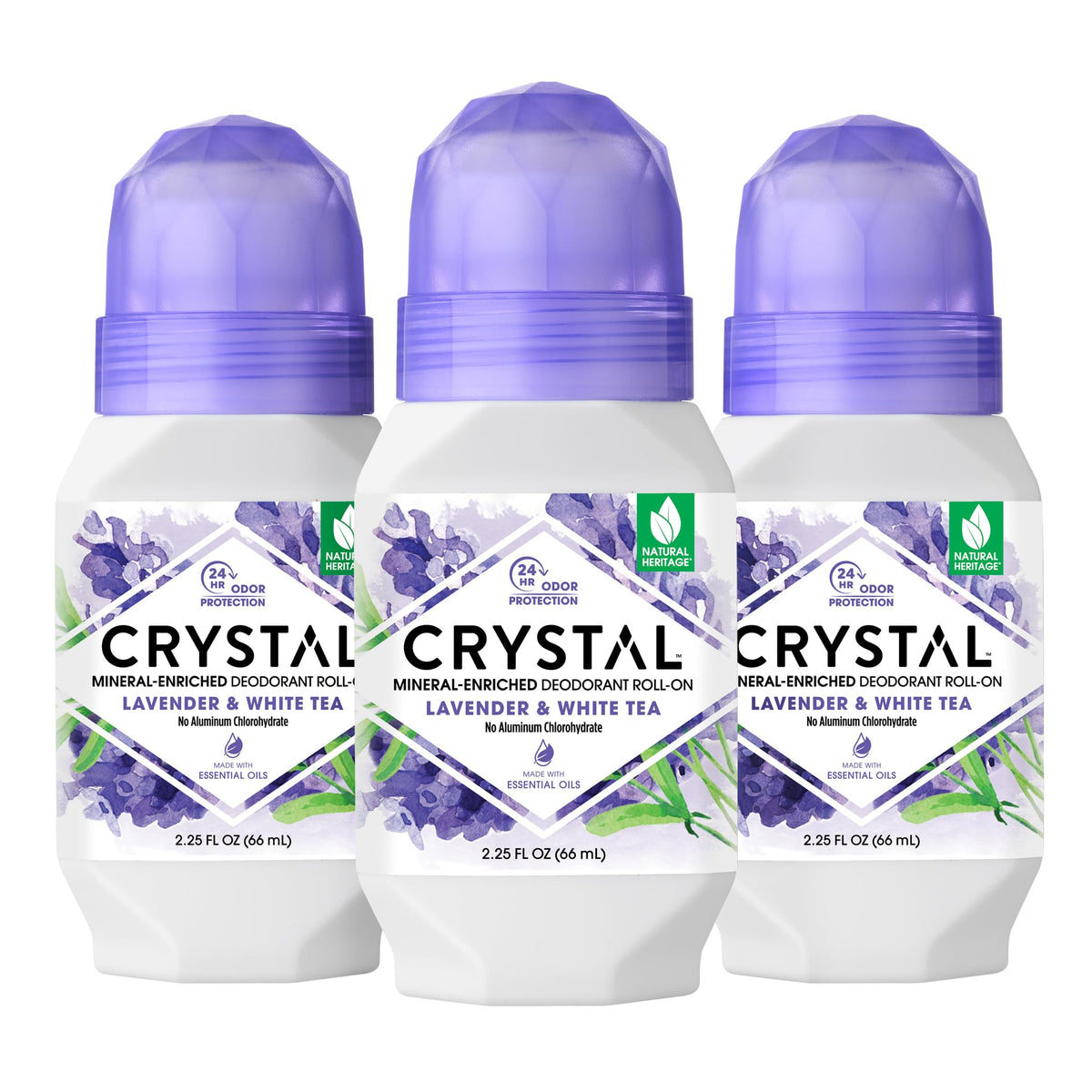 Crystal Essence Mineral Deodorant Roll-On Body Deodorant With 24-Hour Odor Protection, Lavender & White Tea, Non-Sticky Roll-On, Aluminium Chloride & Paraben Free, 2.25 FL OZ, Pack of 3