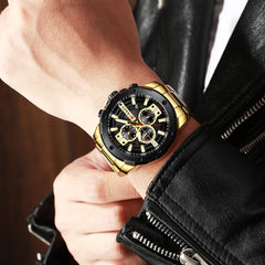 CURREN Men's Chronograph Watch Stainless Steel Case Black Dial 3 Subdials with Date Window Gold Stainless Steel Bracelet, Gold