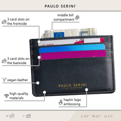 PAULO SERINI® Unisex Card Holder with 6 Card Slots and Compartment for Banknotes and Coins Elegant Credit Card Holder Made of Soft Vegan Leather - Onyx Black