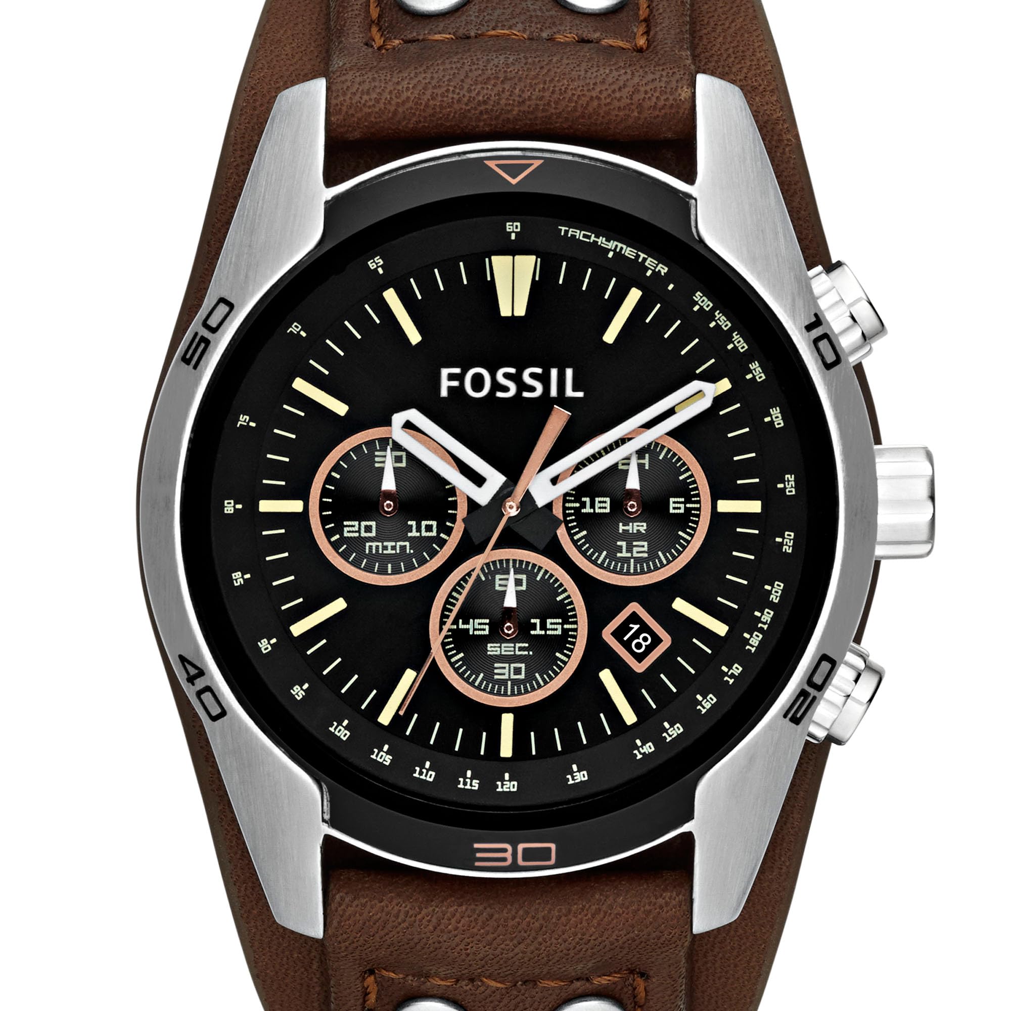 Fossil Men's Coachman Stainless Steel and Leather Casual Cuff Quartz Watch, Casual