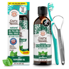 GuruNanda Starter Pulling Oil Mouthwash for Natural Teeth Whitening, Coconut and Peppermint Oil for Fresh Breath & Happy Gums, with Toothbrush & Tongue Scraper, Alcohol-Free, 8 Oz