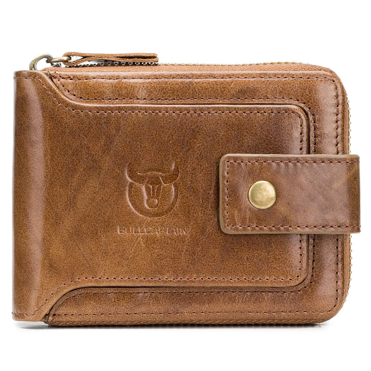BULLCAPTAIN Genuine Leather RFID Wallet for Men Large Capacity ID Window Card Case with Zip Coin Pocket QB-231, Brown, Small, Minimalist