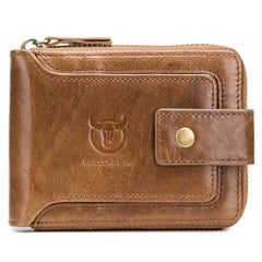 BULLCAPTAIN Genuine Leather RFID Wallet for Men Large Capacity ID Window Card Case with Zip Coin Pocket QB-231, Brown, Small, Minimalist