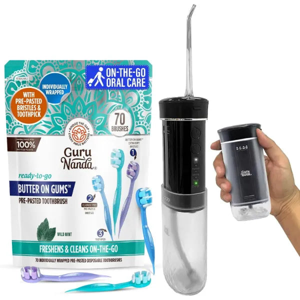 GuruNanda On-the-Go Oral Care Bundle – 70ct Disposable Pre-Pasted Toothbrushes & Compact Water Flosser (Black) for Fresh, Clean Smiles Anytime, Anywhere
