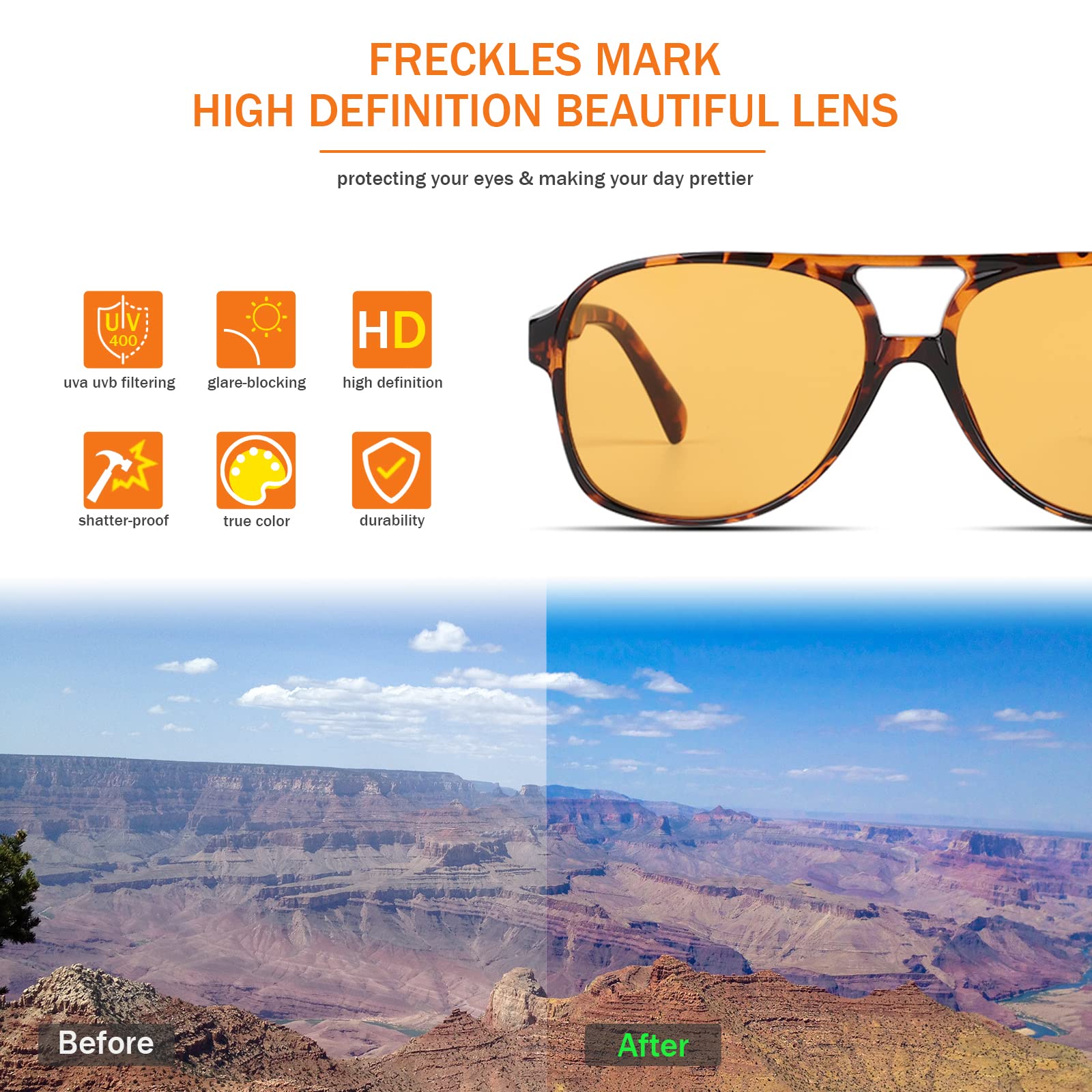 Freckles Mark Vintage Retro 70s Sunglasses for Women Men Classic Large Squared Aviator Frame UV400 Trendy Orange Glasses