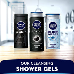 NIVEA MEN Active Clean 3in1 Shower Gel, Cleans Body, Face and Hair, with Active Charcoal, for Purified and Stimulating Skin, for All Skin Types, 500ml (Pack of 2)