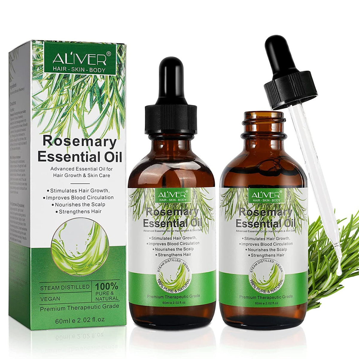 ALIVER Rosemary Oil for Hair Growth & Skin Care (4 Fl Oz), Organic Rosemary Essential Oils, Natural Rosemary Oil for Hair Loss Treatment, Stimulates Hair Growth, Scalp Massager, Aromatherapy