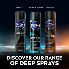 NIVEA MEN Antiperspirant Spray for Men, DEEP Black Carbon Antibacterial, Dark Wood Scent, 2x150ml